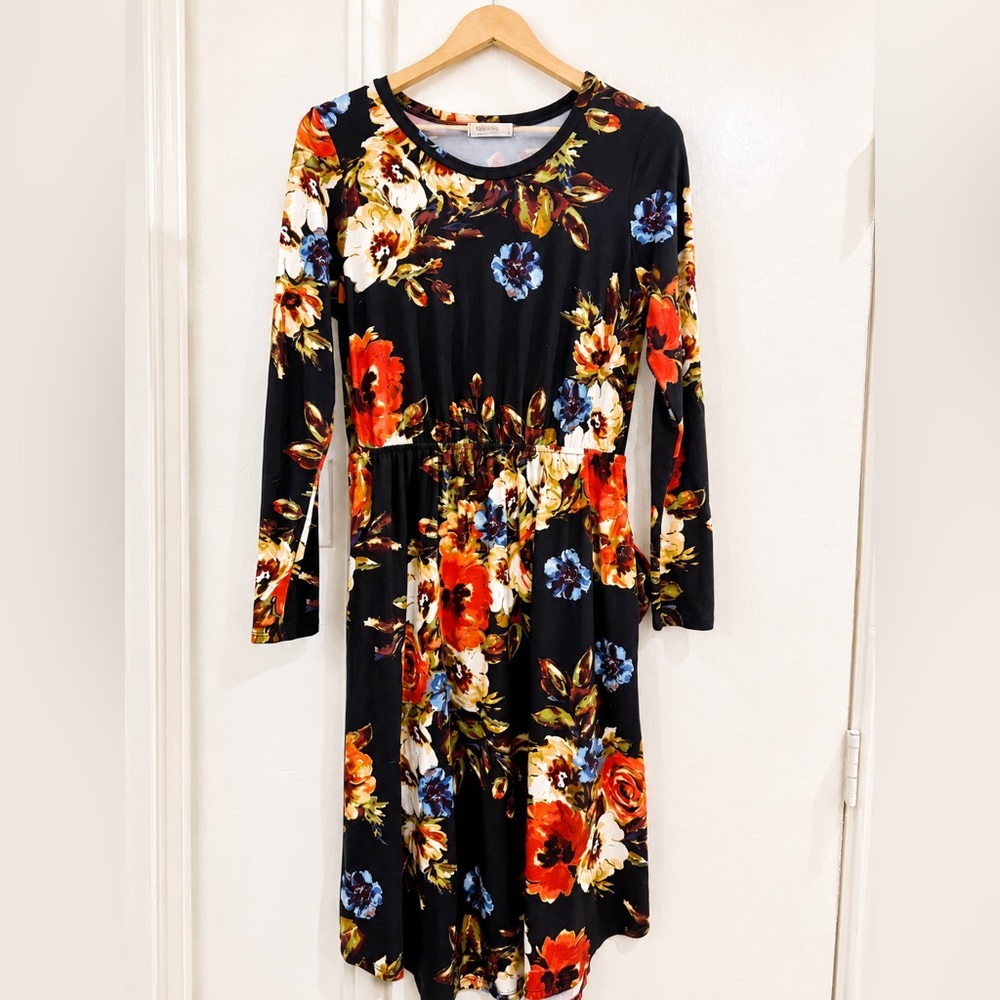 Reborn J Floral Long Sleeve Midi Dress | Black Multi Floral | Size Large